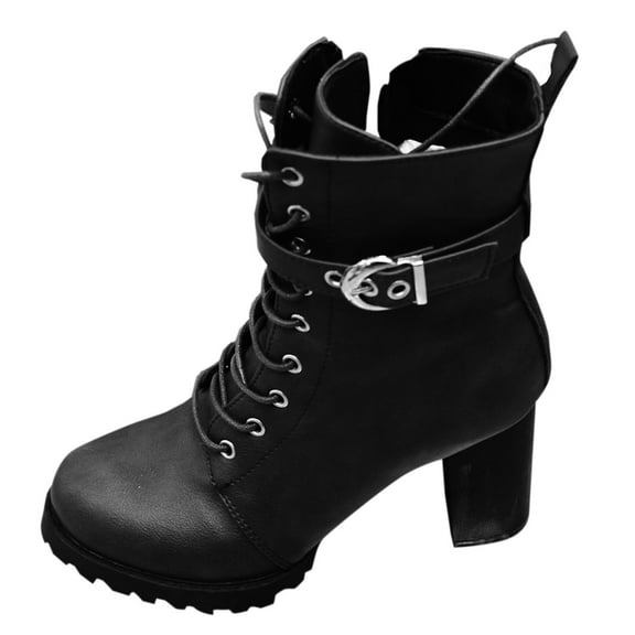 Black Ladies Casual Fashionable Belt Accent High Heel Thick Platform Big Dimensions Fall Winter Design Comfortable Chunky Heel Ankle Boots For Daily Wear