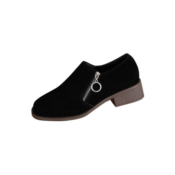 Black Ladies Casual Flats With Round Toe Design And Side Zipper Closure Low Heel For Seasonal Use And Comfort