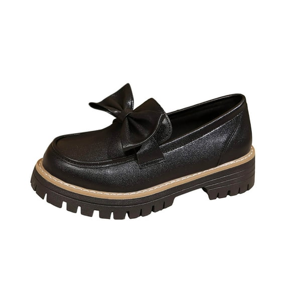 Black Ladies Casual Loafers With Bow Detail Pu Material Flexible Sole Perfect For Long Hours Of Wear And Comfort
