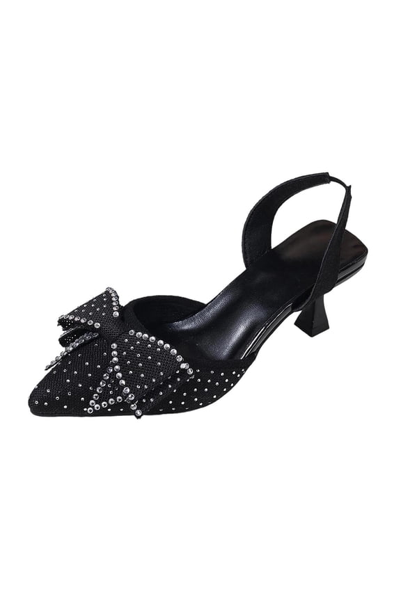Black Ladies Casual Pointed Toe High Heels Rhinestone Bow Solid Color Fashionable Closed-Toe Sandals For Women