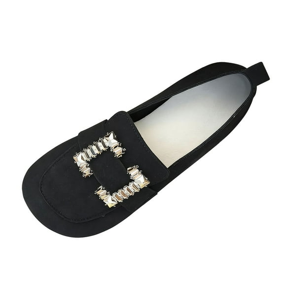Black Ladies Casual Round Toe Shallow Mouth Flats With Metal Buckle Low Heel Comfort Fit For Outdoor