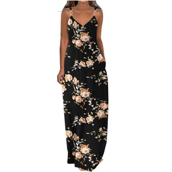 Black Ladies Casual Sleeveless Slip Dresses for Women Vneck Spandex Floral Print Maxi Long Loose Fit Fall Summer 2025 Clothes Trendy L