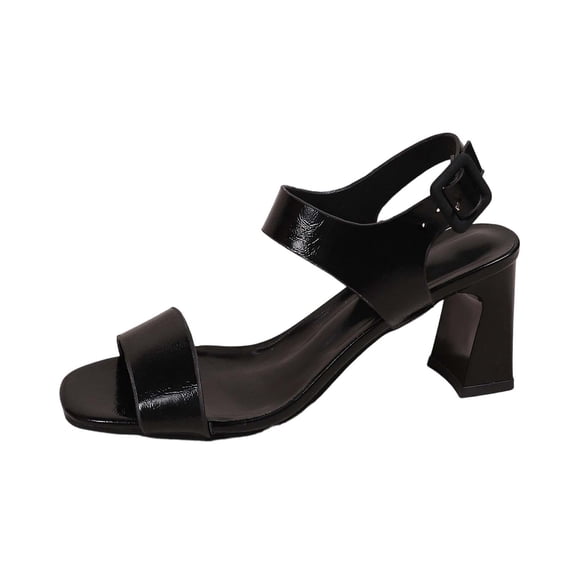 Black Ladies Casual Strap High Heels Open Toe Plus Size Solid Color Buckle Block Heel Comfortable Sandals Outdoor Indoor