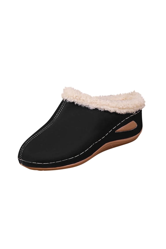 Black Ladies Casual Versatile Lined Warm Plus-Size Slippers Fall Winter Trendy One-Strap Wedge Heel Thick-Soled Sandals