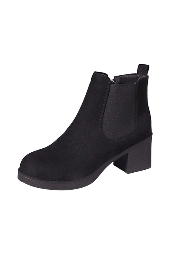 Black Ladies Casual Versatile Suede Boots Round Toe Thick Heel Solid Color Short Boots