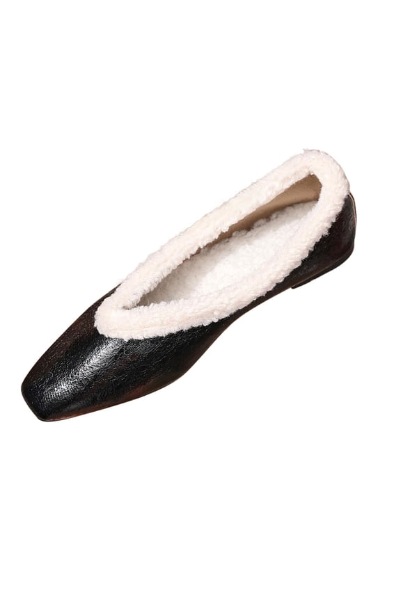 Black Ladies Casual Warm Flat Shoes Round Toe Plush Lined Comfortable Slip On Moccasins Winter Womens Slippers