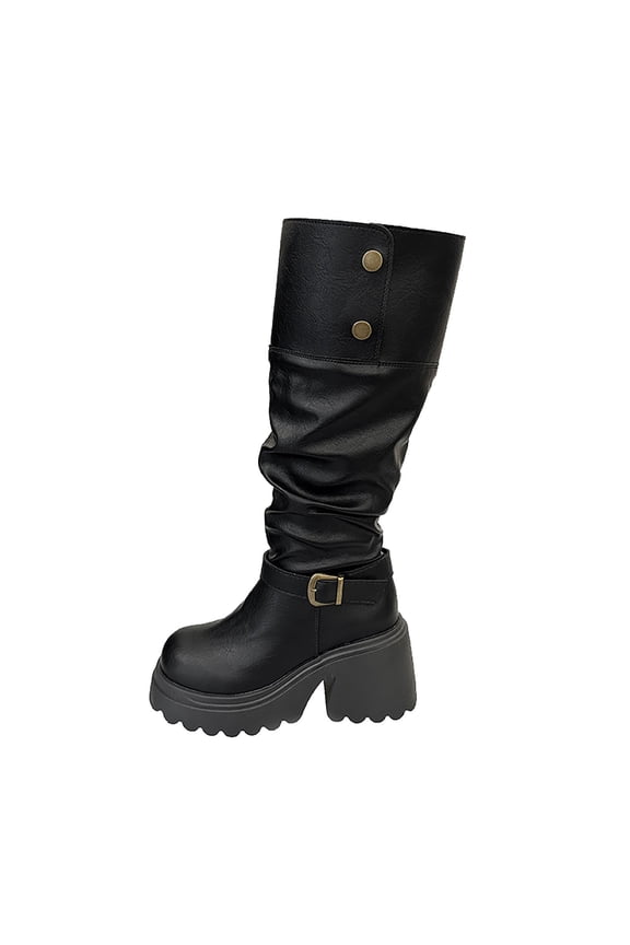Black Ladies Casual Winter Vintage British Style Thick Sole Chunky Heel Western Knight Boots Stacked Martin Boots