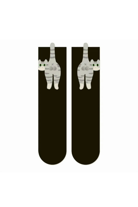 Black Ladies Cat Socks With Balls Pattern For Daily Use Funny Design Mid Calf Style Cloth Fabric