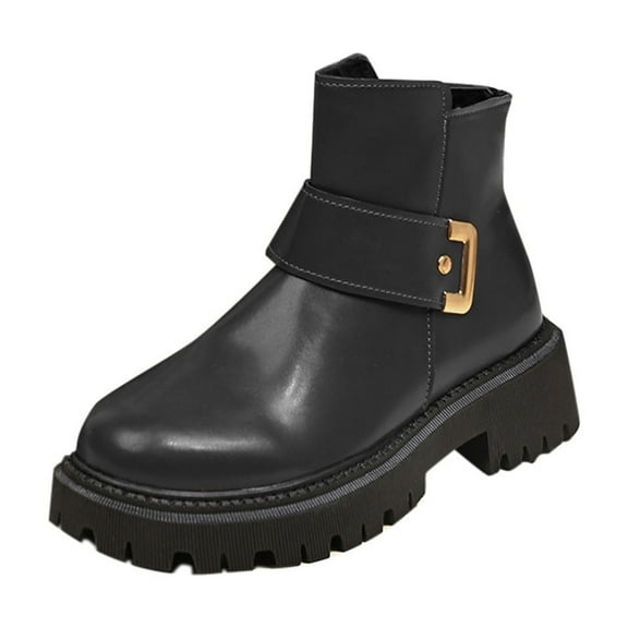 Black Ladies Chic Ankle Boots With Round Toe Side Zipper Design Chunky Low Heel For Casual Use