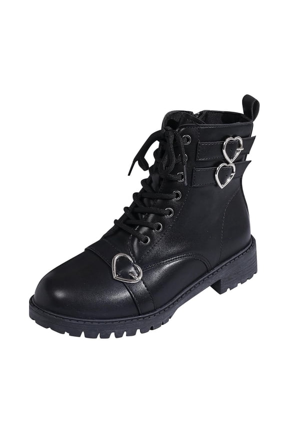 Black Ladies Chunky Heel Ankle Boots Side Zipper Lace Up Heart Round Toe Solid Casual Footwear
