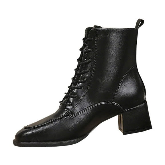 Black Ladies Chunky Heel Ankle Boots Square Toe Front Lace Up Mid Heel Solid Color Casual Winter Footwear