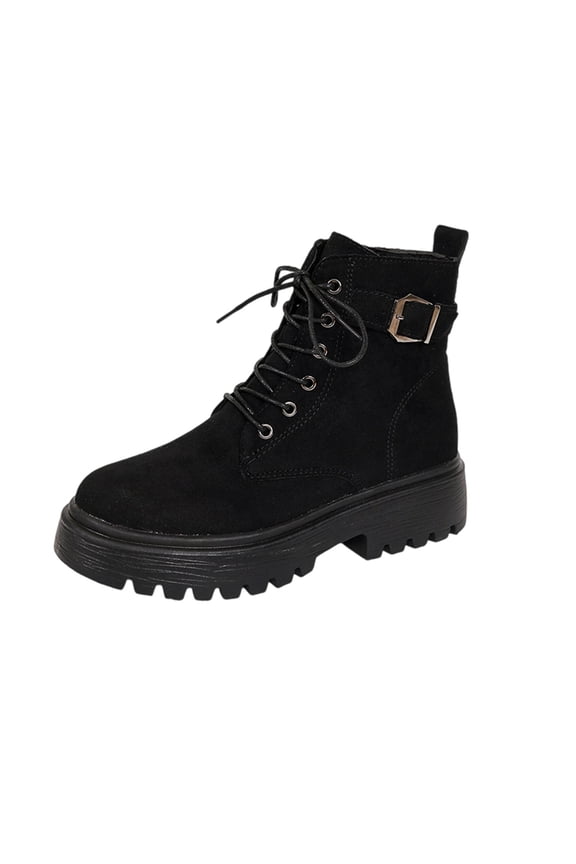 Black Ladies Chunky Heel Lace-Up Boots With British Flair For Fashionable Fall Winter Wear