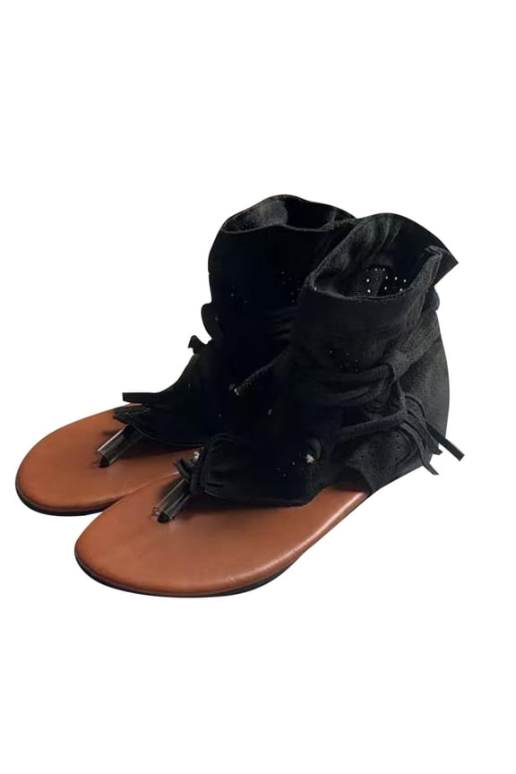 Black Ladies Clip On Flat Sandals Fringed Decor Shallow Mouth Design For Spring Autumn Outdoor Daily Casual Leisure Comfortable Wearing