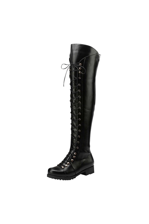 Black Ladies Comfortable Boots Over The Knee With Wrap Around Strap For Casual Outings