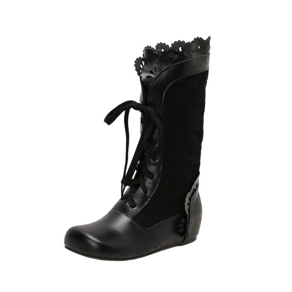 Black Ladies Comfortable Lace Up Mid Calf Boots Round Toe Flat Sole Fashion Casual Versatile Winter Wear Chunky Design