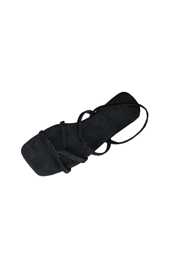 Black Ladies Comfortable One Strap Flats Square Toe Lightweight Summer Slippers Flock Fabric