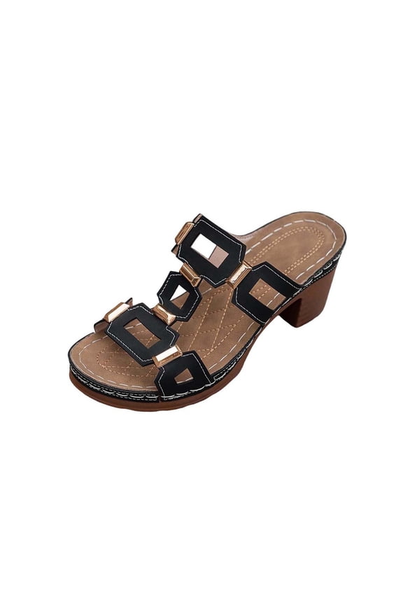 Black Ladies Comfortable Platform Heel Slides With Round Toe And Supportive Block Heel