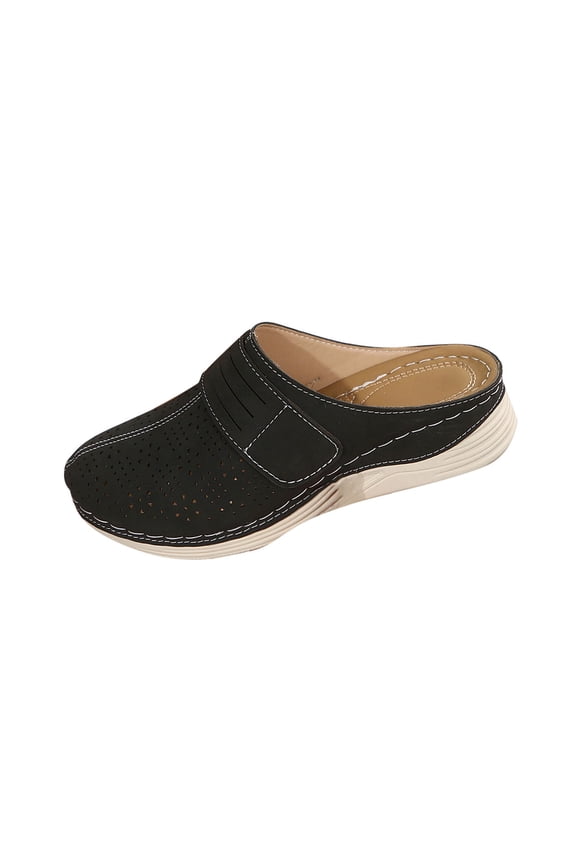 Black Ladies Comfortable Shoes With A Stuffed Toe And Thick Wedge Sole, Designed For All-Day Wear