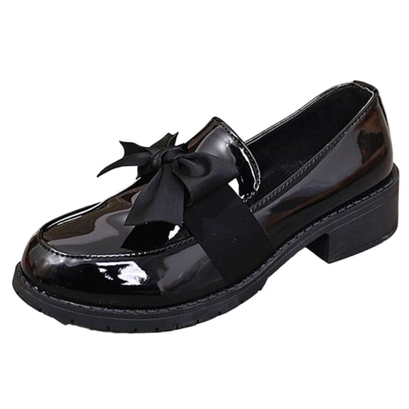 Black Ladies Comfortable Slip On Flats With Round Toe And Bow Chunky Sole Casual Walking Shoes