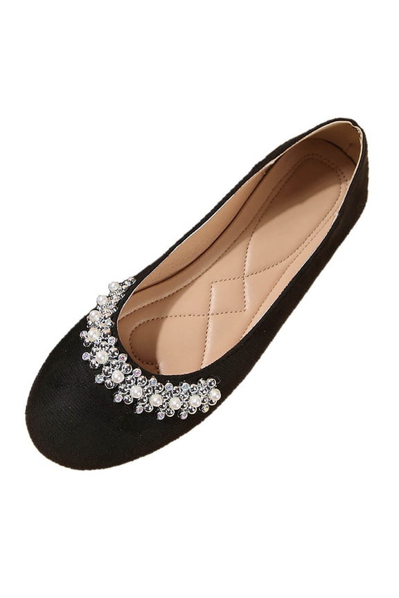 Black Ladies Comfortable Soft Soled Inner High Shoes Rhinestone Beaded