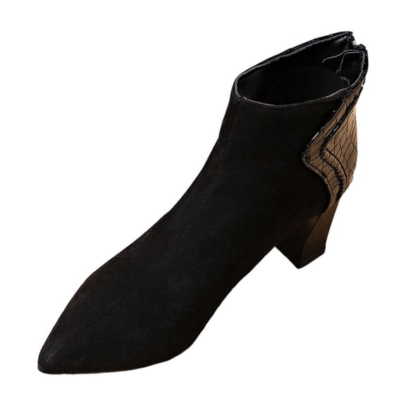 Black Ladies Cozy Winter Ankle-Length Boots With Rounded Toe Side Zipper And Tied Front Low Heel For Indoor And Outdoor Wear