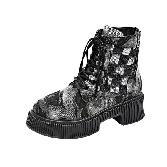 Black Ladies Denim Material Mid Heel Short Boots Comfy Casual Round Toe Lace Up Winter Style Shoes