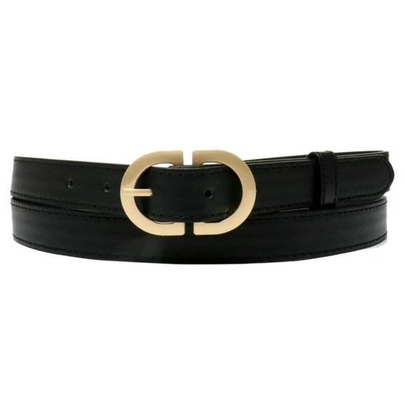 Black Ladies Designer Style Stitch Leather Belt Gold Belt Buckle