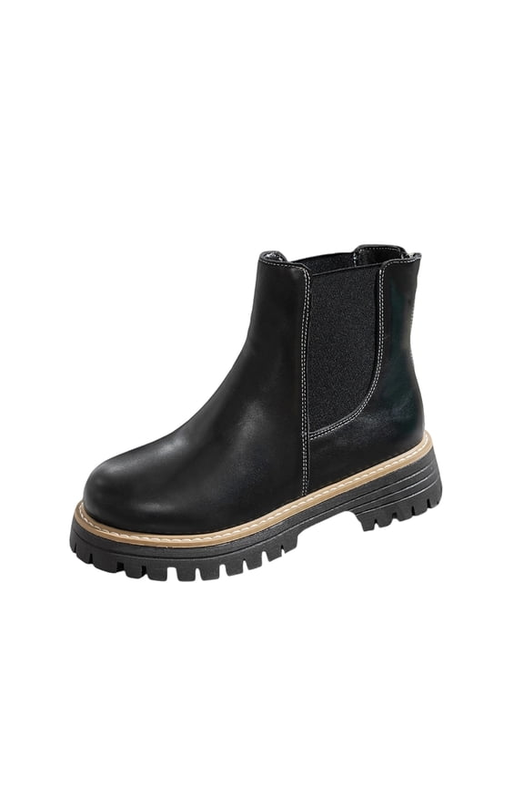 Black Ladies Everyday Boots With Glossy Finish And Thick Sole Round Toe For Activities