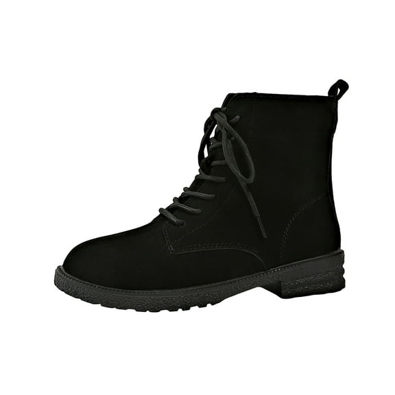 Black Ladies Everyday Boots With Round Toe Design Front Lace-Up And Low Heel Great For Daily Walking