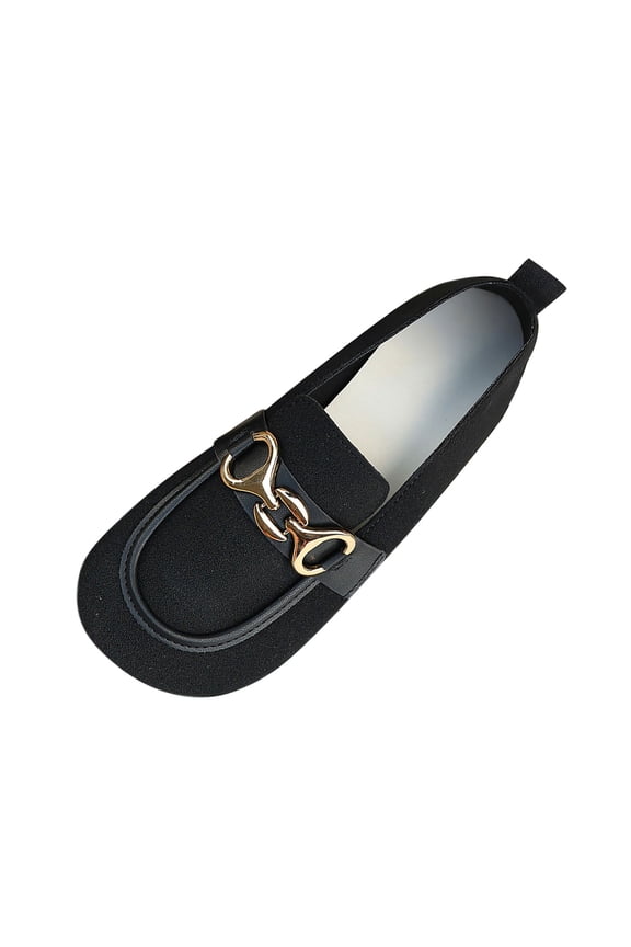 Black Ladies Everyday Casual Round Toe Shallow Mouth Flats With Low Heel Metal Buckle Comfort Fit For Outdoor Walking