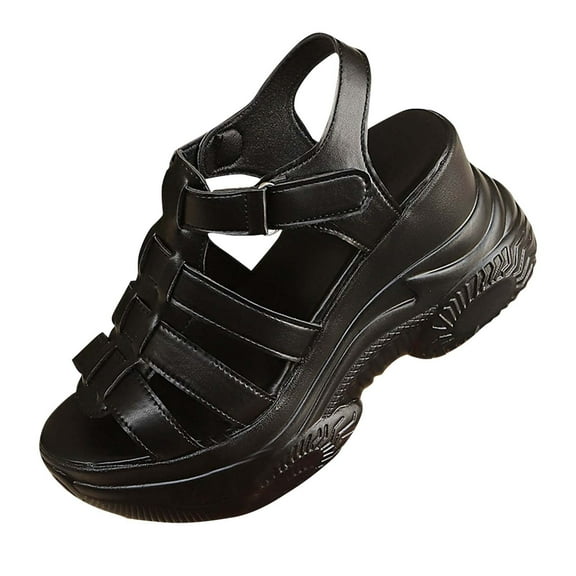 Black Ladies Everyday Sandals With Open Toe Hollow Woven Construction Thick Sole And Roman Design For Spring Summer