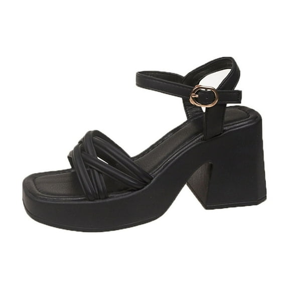Black Ladies Everyday Sandals With Square Head And High Heel For Relaxed Fit In Spring Summer
