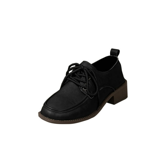 Black Ladies Everyday Shoes With Square Toe Design And Front Lace-Up Closure Low Heel Ideal For Walking And Use