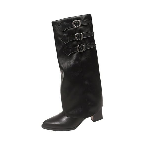 Black Ladies Fashion Boots With Metal Buckle Embellishment Long Upper For Comfort And Height Boost Suitable For Fall Winter
