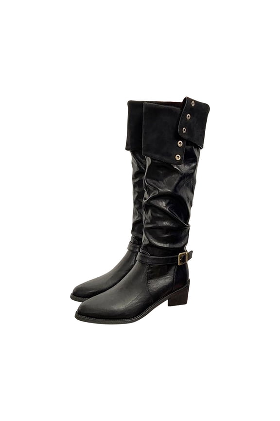 Black Ladies Fashion Boots With Thick Heel And French Pointed Toe Over The Knee Design For Comfortable Use