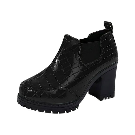 Black Ladies Fashion Casual Patterned Round Toe Shallow Mouth Loafer Shoes With Thick Heel High Heels For Daily Use