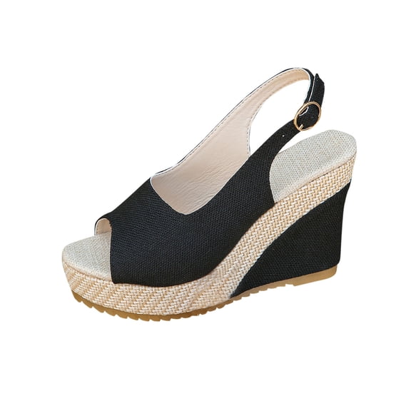 Black Ladies Fashion Peep Toe With Buckle Accent And Supportive Wedge For All-Day Comfort
