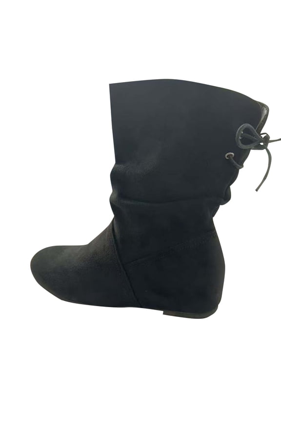 Black Ladies Fashion Short Boots With Strap Detail Black Flock Soft Upper Flat Heel