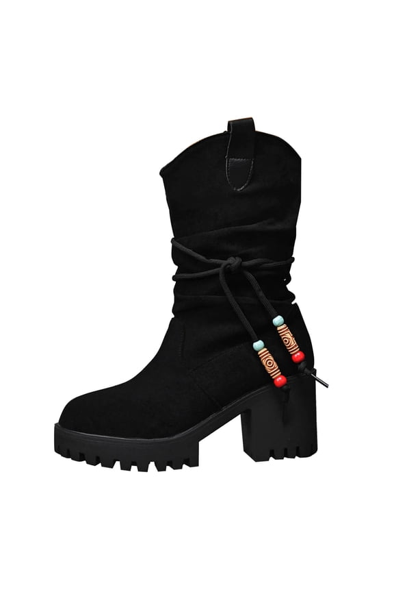 Black Ladies Fashion Suede Boots With Midsole And Round Toe For Comfortable Styling In Winter