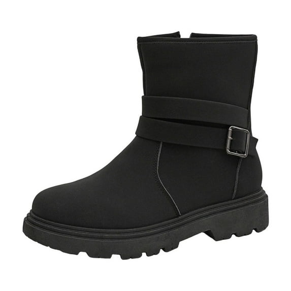 Black Ladies Fashionable Ankle Boots Featuring Round Toe And Side Zipper Design Chunky Low Heel For Winter