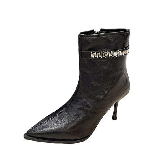 Black Ladies Fashionable Ankle Boots With Pointed Toe Side Zipper High Heel For Winter Comfort