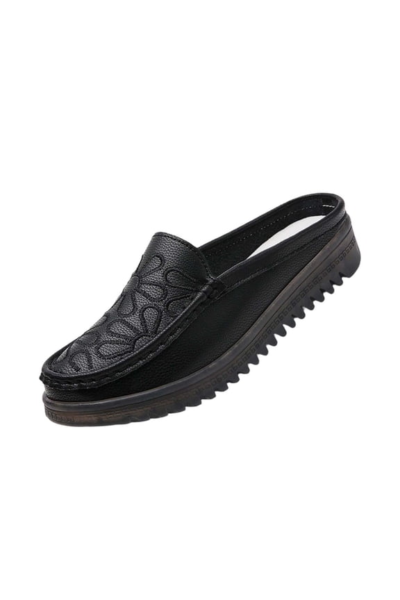 Black Ladies Fashionable Casual All-Occasion Plus Size Round Toe Closed Toe Flat Soft Sole Slippers Breathable Solid Color Pu