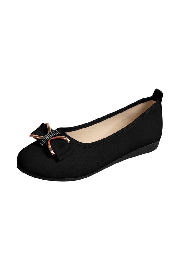 Black Ladies Fashionable Low Heel Flats Bow Round Toe Slip-On Breathable Shallow Mouth Casual Outdoor Indoor Comfortable Women
