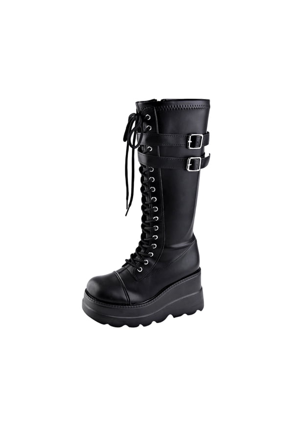 Black Ladies Fashionable Round Toe Boots Gothic Style Winter Sloping Heel Thick Sole Web Decor Casual Versatile Short Boots