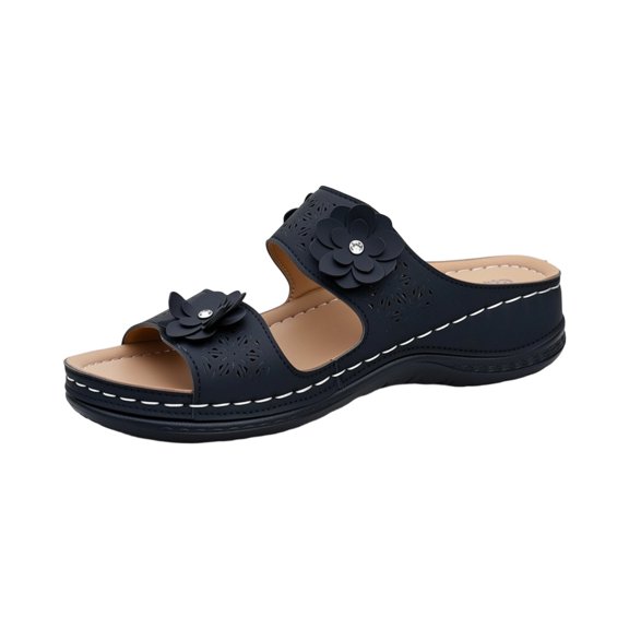 Black Ladies Fashionable Versatile Plus Size Wedge Heel Open Toe Flops Floral Shoes Spring Summer Trendy