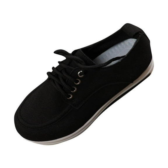 Black Ladies Flat Shoes With Lace-Up Design And Thick Sole For Elevation Comfortable Wear During Cold Months