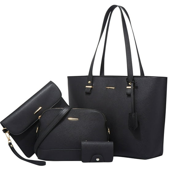 Black Ladies Hand Tote Bag Set Made From Oil Wax Leather Solid Color ...