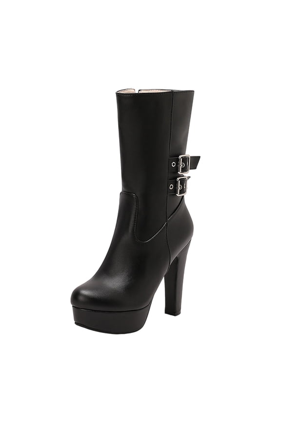 Black Ladies High Heel Ankle Boots Double Buckle Pu Leather Chunky Platform Fall Winter Comfortable Outdoor