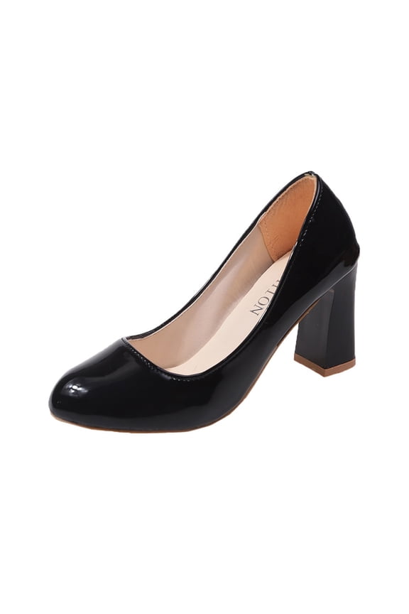 Black Ladies High Heel Shoes Solid Round Toe Thick Heel Slip On Casual Comfortable Shoes For Work And Special Events With Supportive Fit Size 41