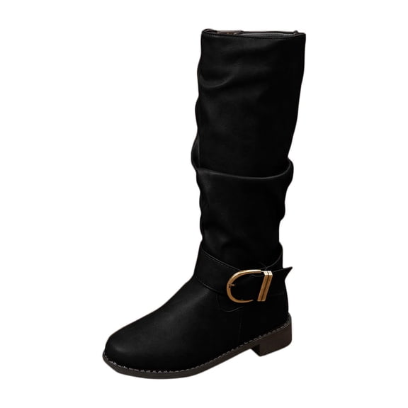 Black Ladies Knee-High Boots With Adjustable Buckle And Chunky Heel For Winter Wear